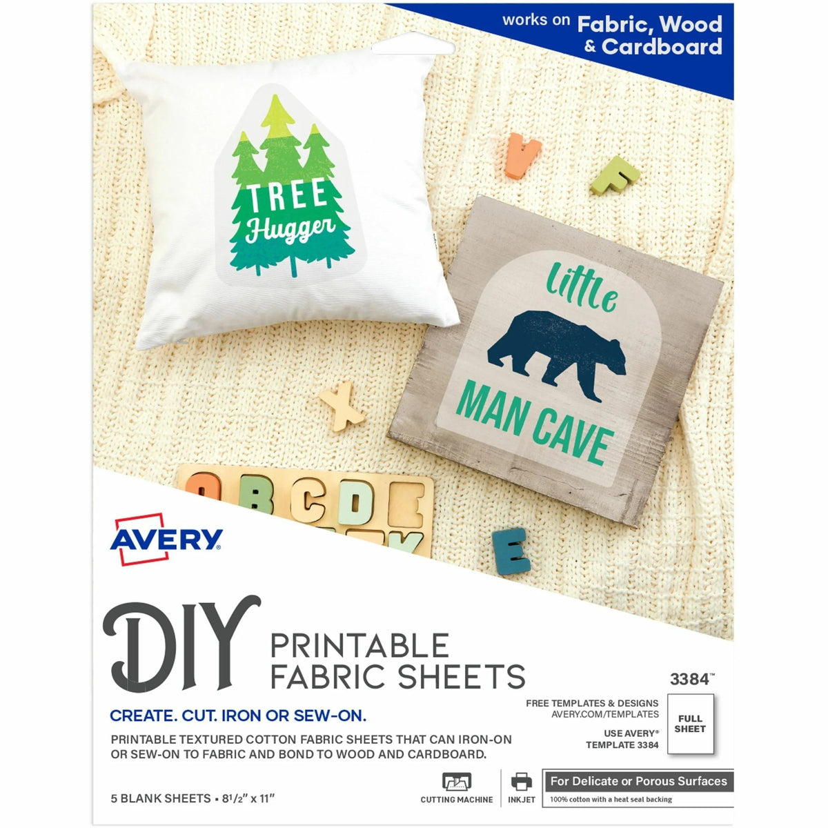 Avery® Printable Fabric Sheets - Letter - 8 1/2’’ x 11’’ - Matte - Heat-seal Backing - White - 5/Pack - 6 / Carton