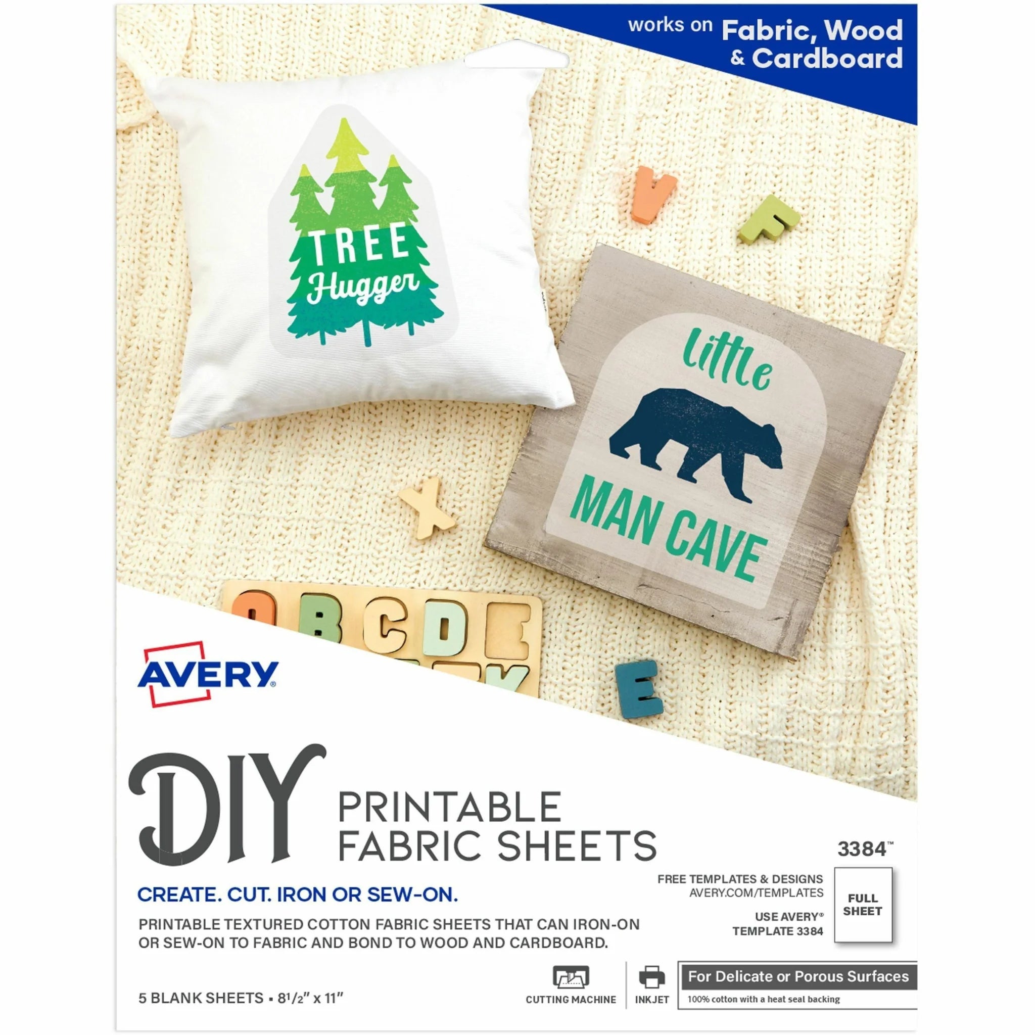 Avery® Printable Fabric Sheets - Letter - 8 1/2’’ x 11’’ - Matte - Heat-seal Backing - White - 5/Pack - 6 / Carton