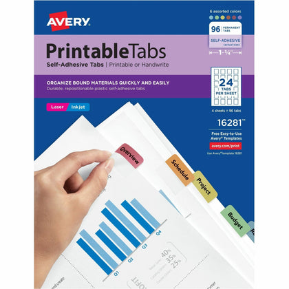 Avery® Printable Repositionable Tabs: 96 Assorted Paper Tabs - Index Accessories & Page Markers