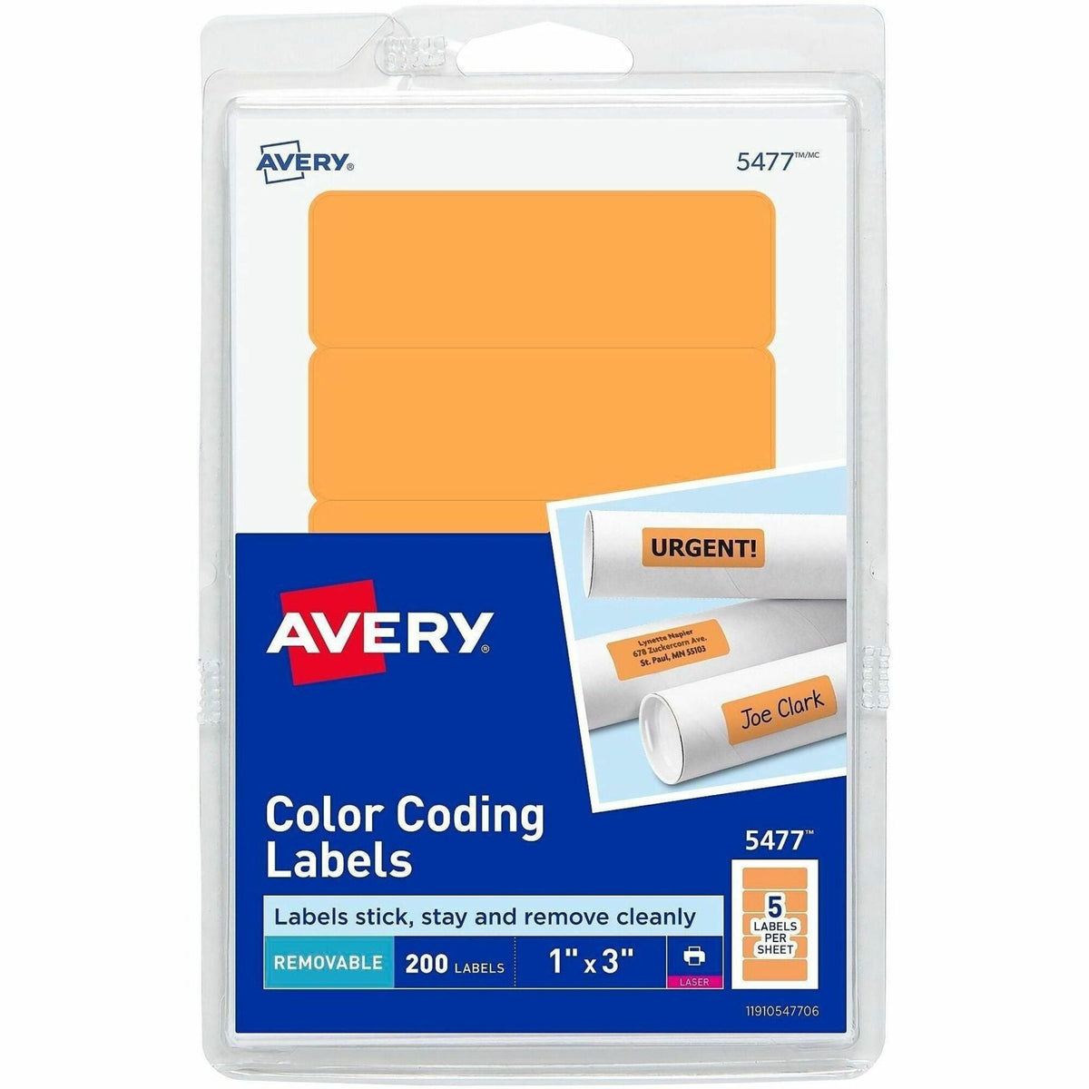 Avery® Rectangular Color-Coding Labels - 1’’ Width x 3’’ Length - Removable Adhesive - Rectangle - Laser - Orange - 200