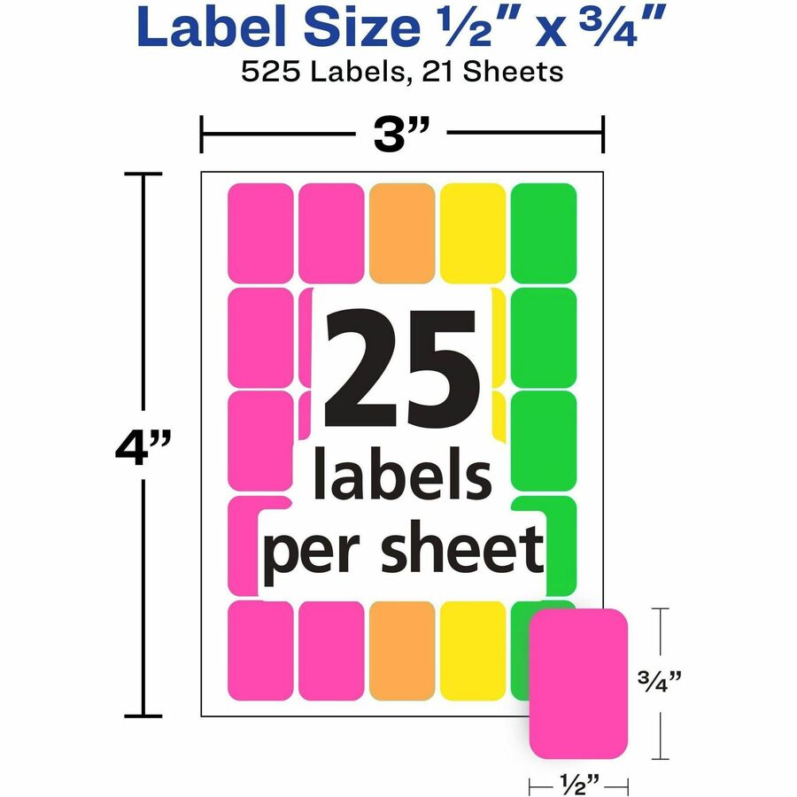 Avery® Removable Labels, 1/2" x 3/4" , Neon, 525 Total (6721) - Alternate-Image1