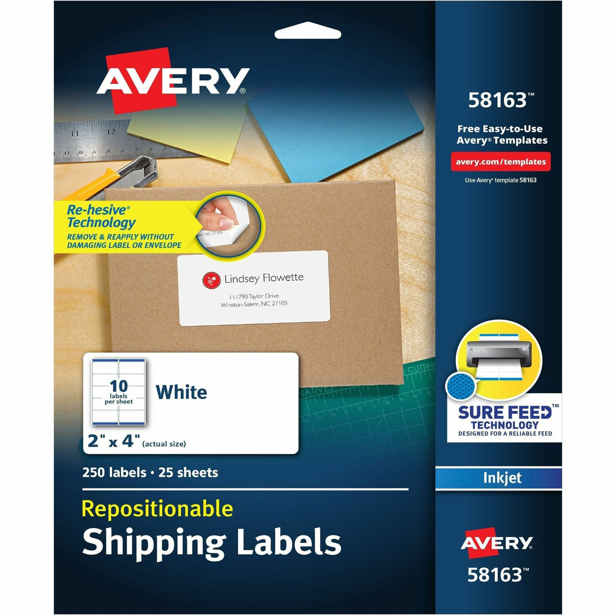 Avery® Repositionable Labels, Sure Feed, 2" x 4" , 250 Labels (58163) - 2000