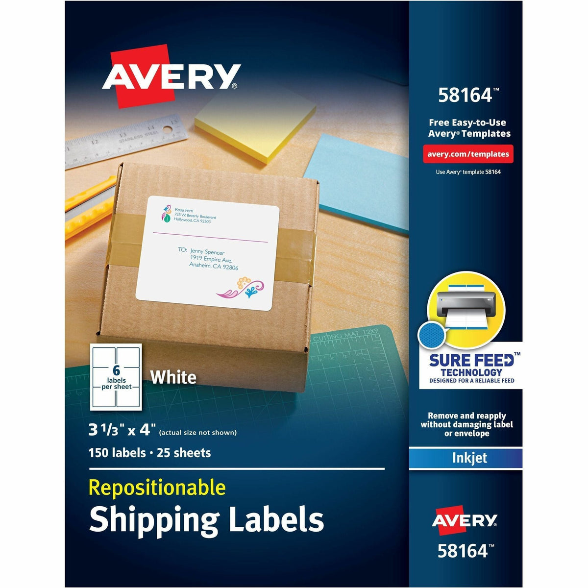Avery® Repositionable Labels, Sure Feed, 3-1/3"x4" , 150 Labels (58164) - 2000