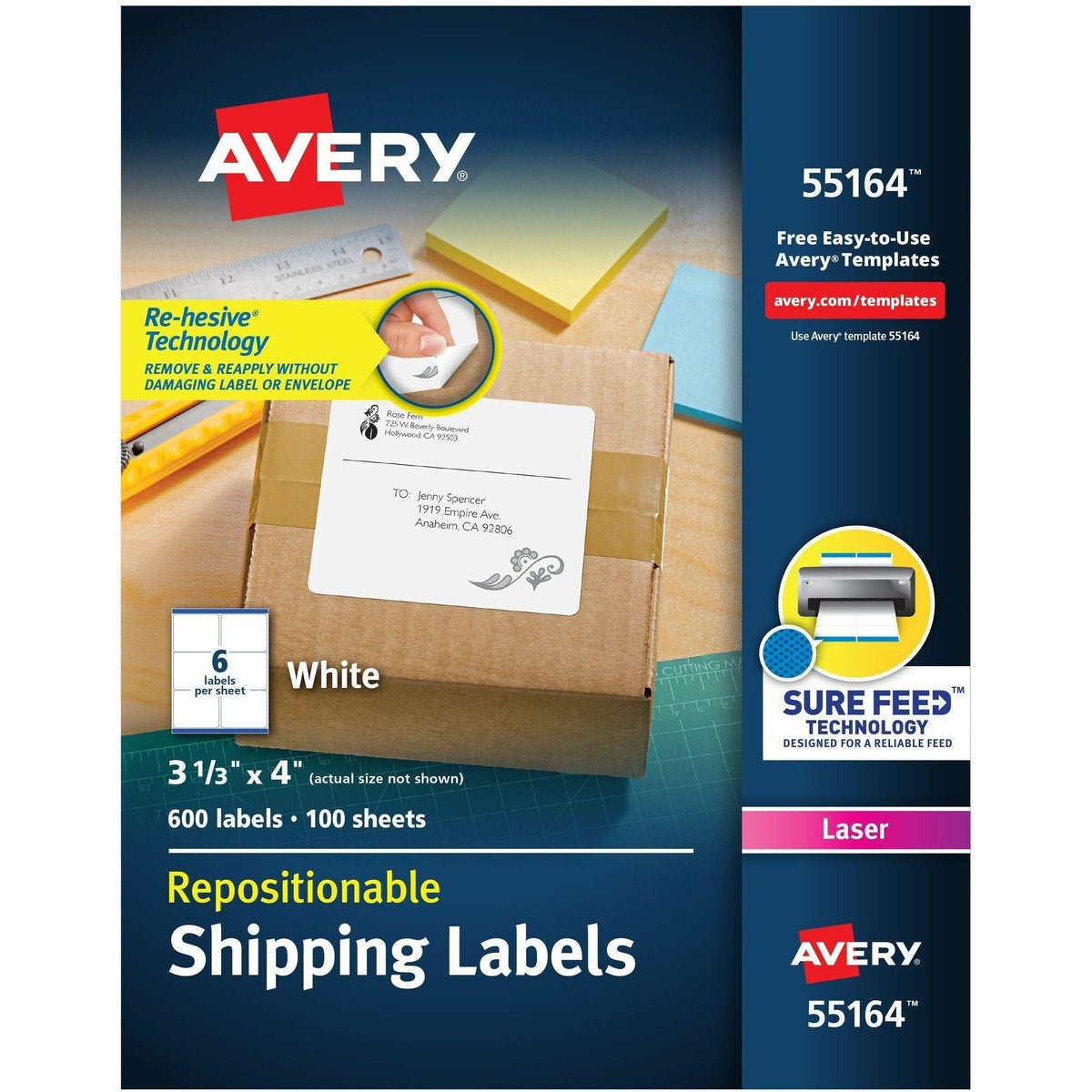 Avery® Repositionable Labels, Sure Feed, 3-1/3"x4" , 600 Labels (55164) - 2000