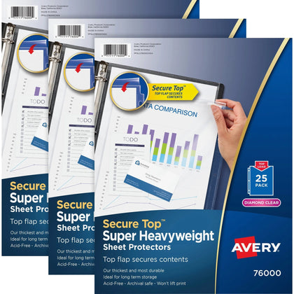 Avery® Secure Top Sheet Protectors: Letter Size 3-Hole Clear Polypropylene - 25/Pack (3 Bundles) - Protectors