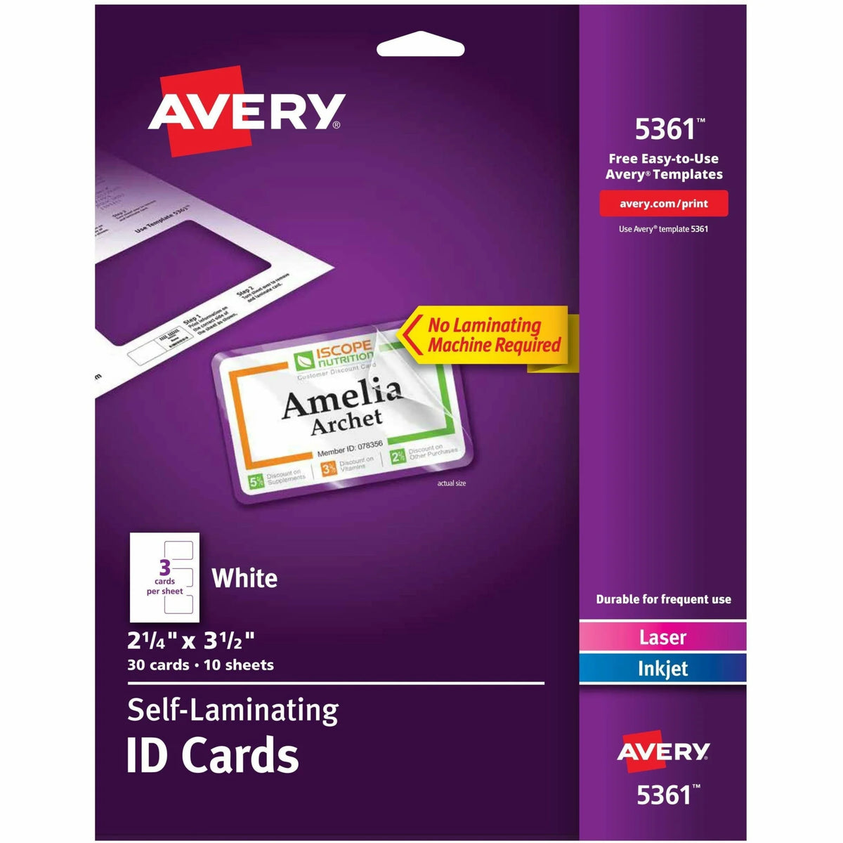 Avery® Self-Laminating ID Cards: Durable Printable Self-Sticking - 30 Pack - Cards
