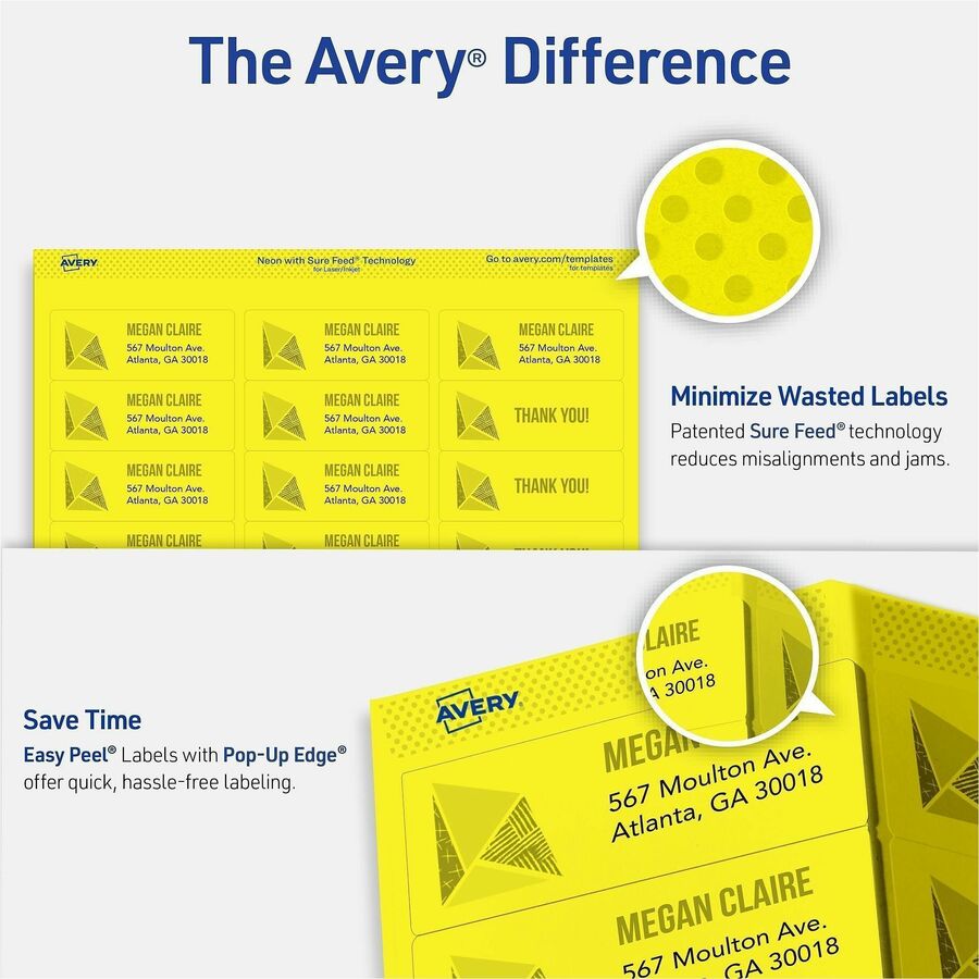 Avery® Shipping Labels - 1’’ Width x 2 5/8’’ Length - Permanent Adhesive - Rectangle - Laser - Neon Yellow - Paper