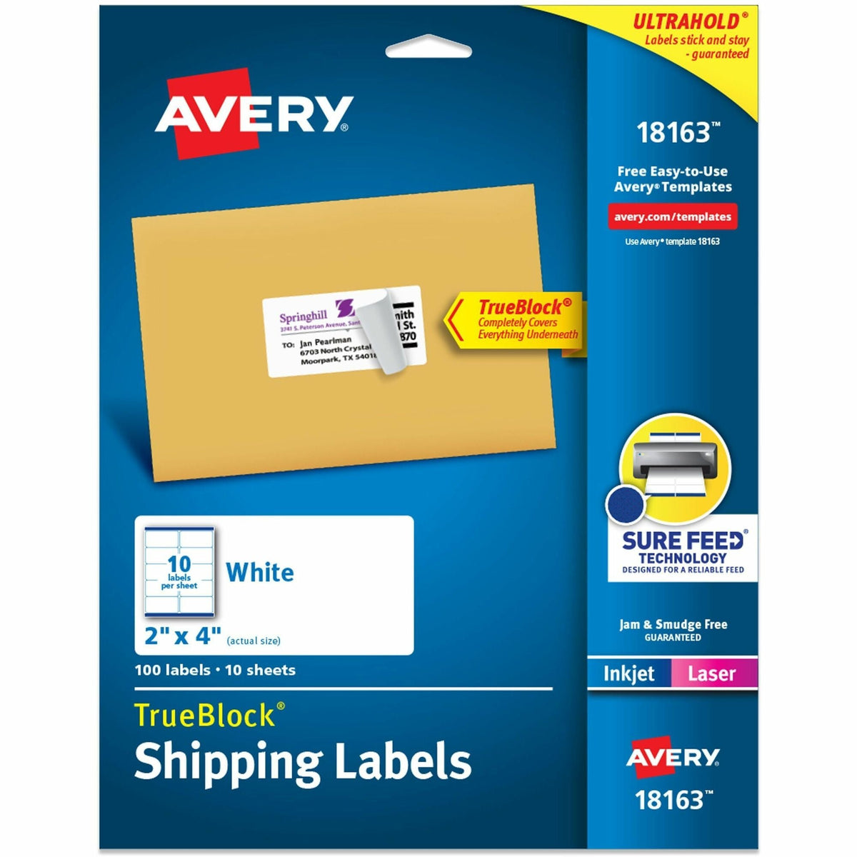 Avery® Shipping Labels, Sure Feed, 2" x 4" , 100 Labels (18163) - 2000