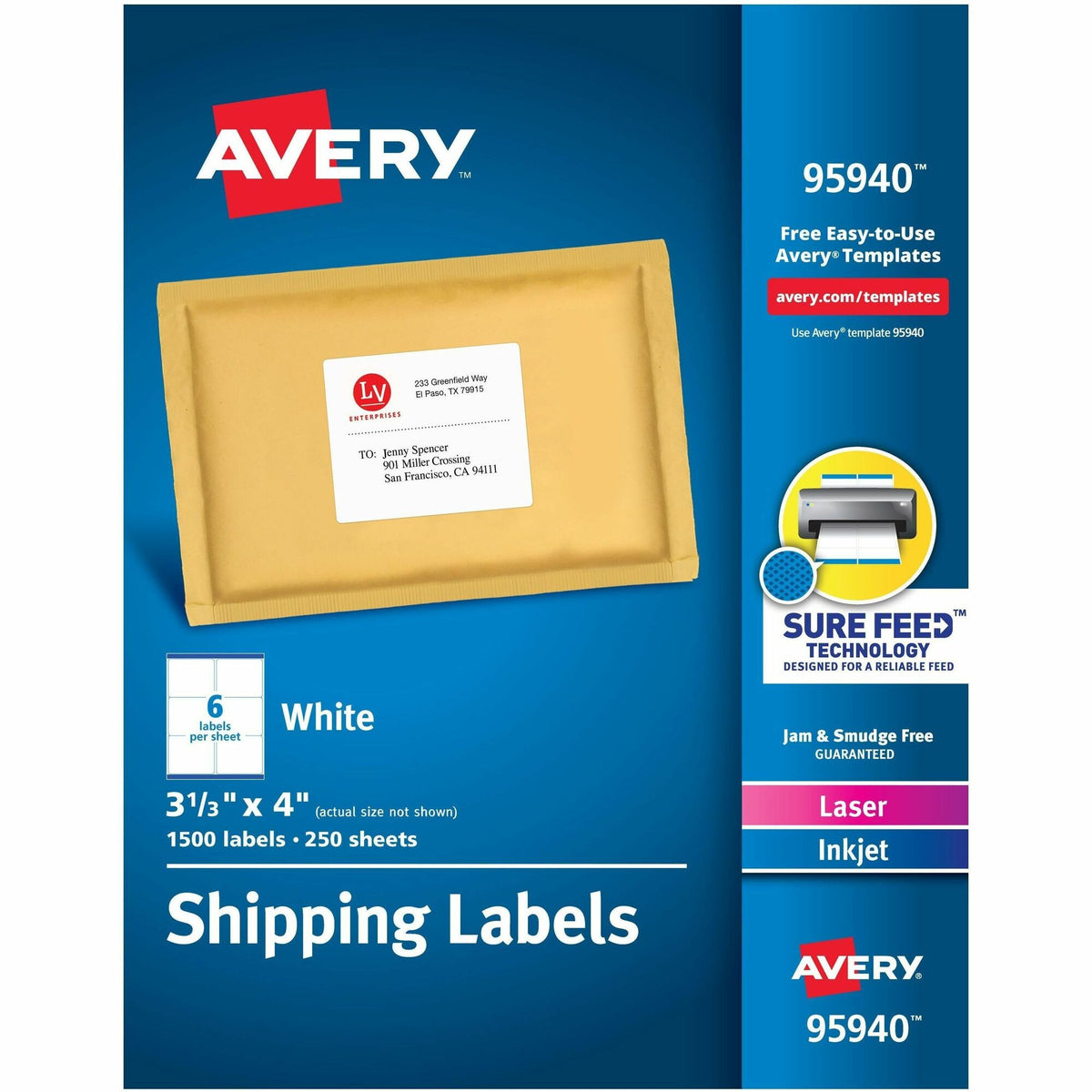 Avery® Shipping Labels, Sure Feed, 3-1/3" x 4" , 1,500 Labels (95940) - 2000