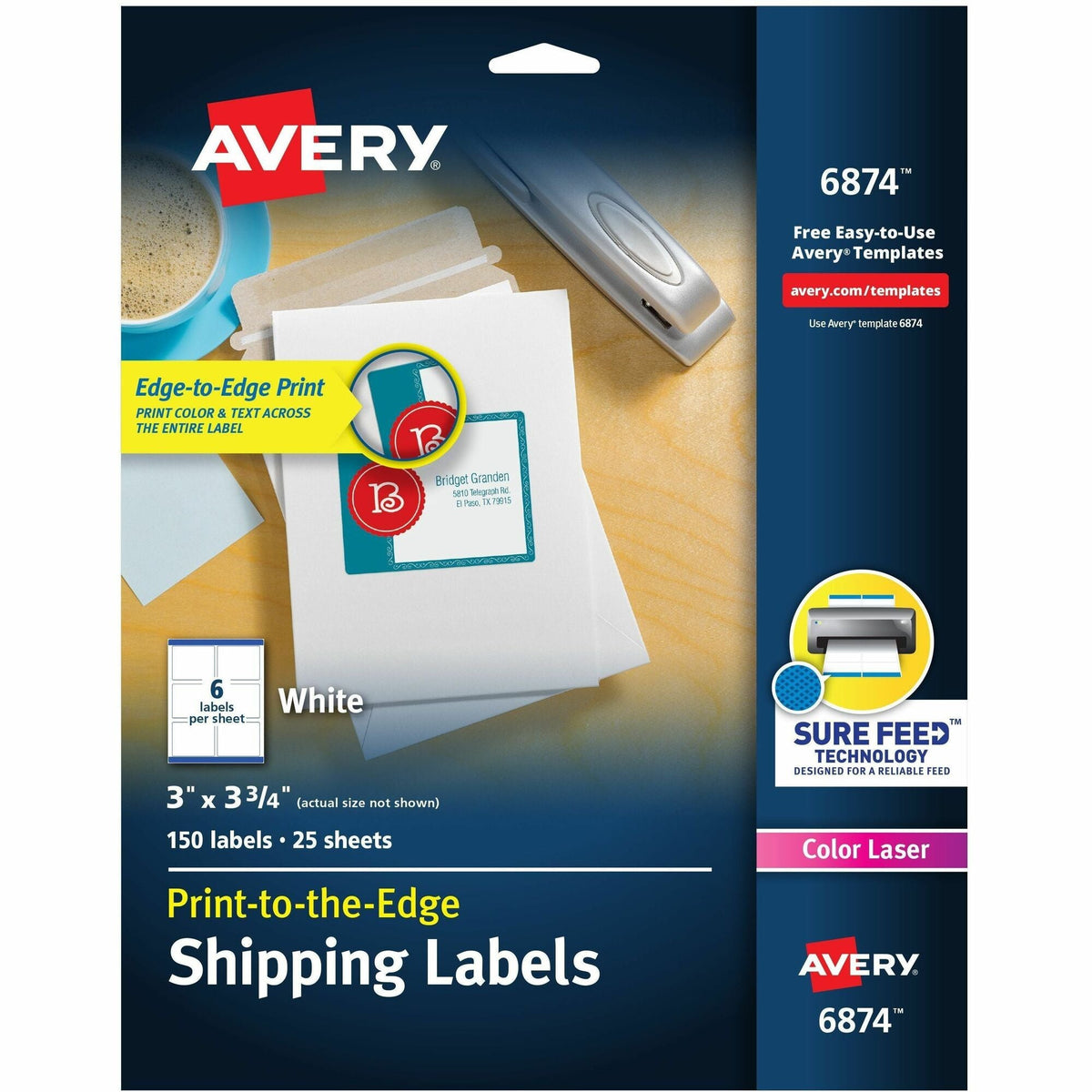 Avery® Shipping Labels, Sure Feed, 3" x 3-3/4" , 150 Labels (6874) - 2000