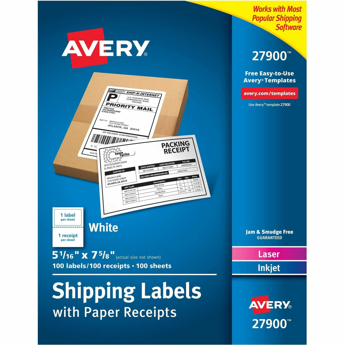 Avery® Shipping Labels with Receipt, 5-1/16" x 7-5/8" 100 Count (27900) - 2000