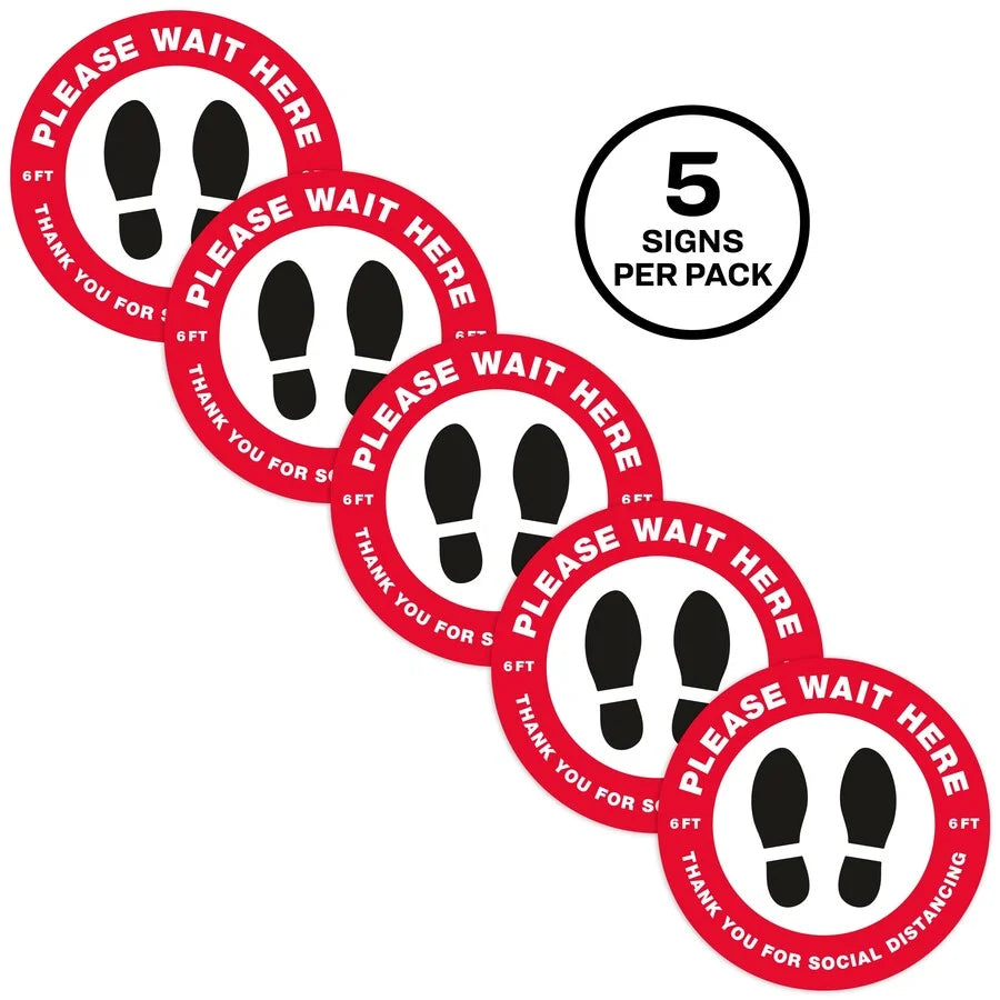 Avery® Social Distance Floor Decal: ’PLEASE WAIT HERE’ - Round Vinyl - 5-Pack - Safety Signs