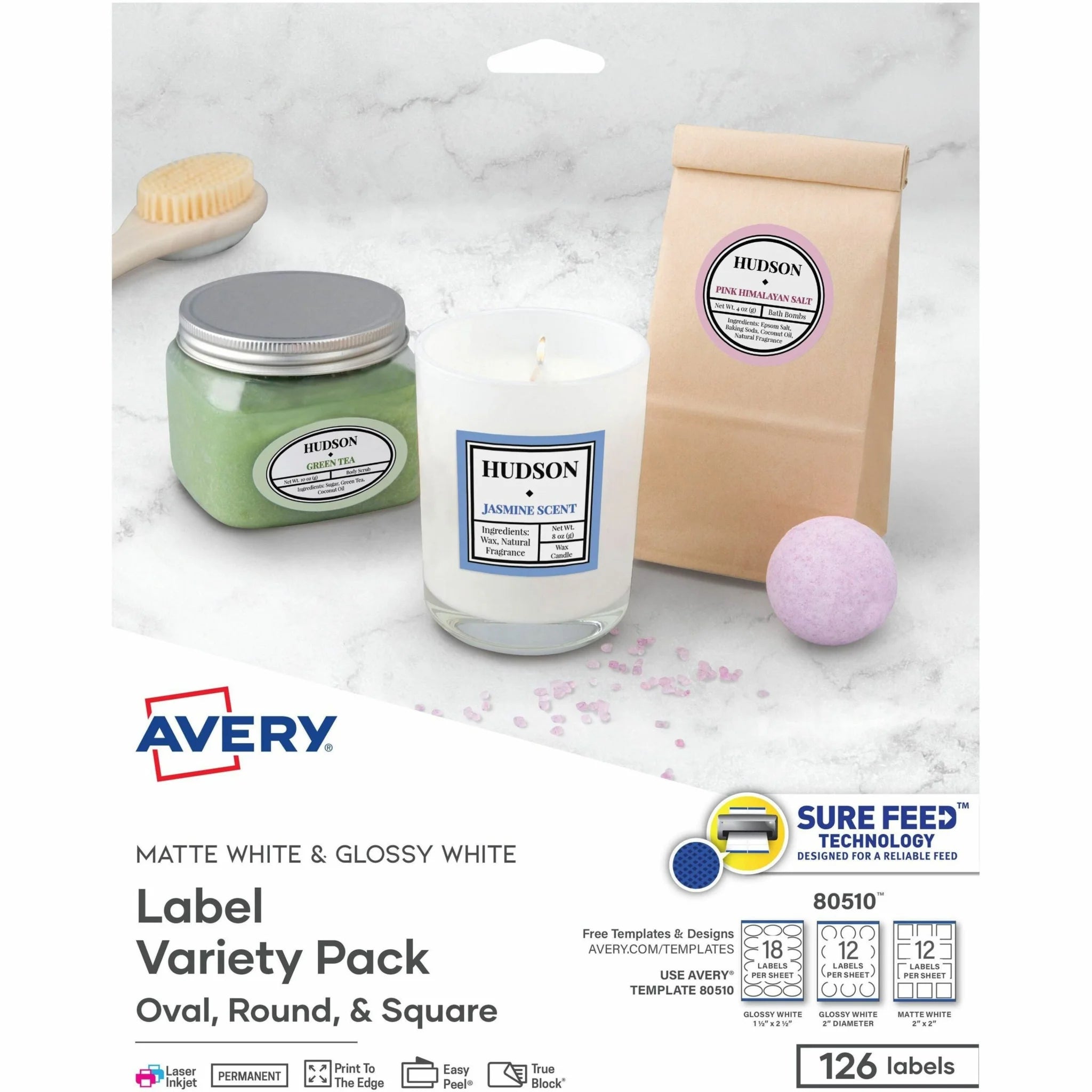 Avery® Sure Feed Label Variety Pack: Assorted Shapes White Paper - 630 Labels - Multipurpose & ID