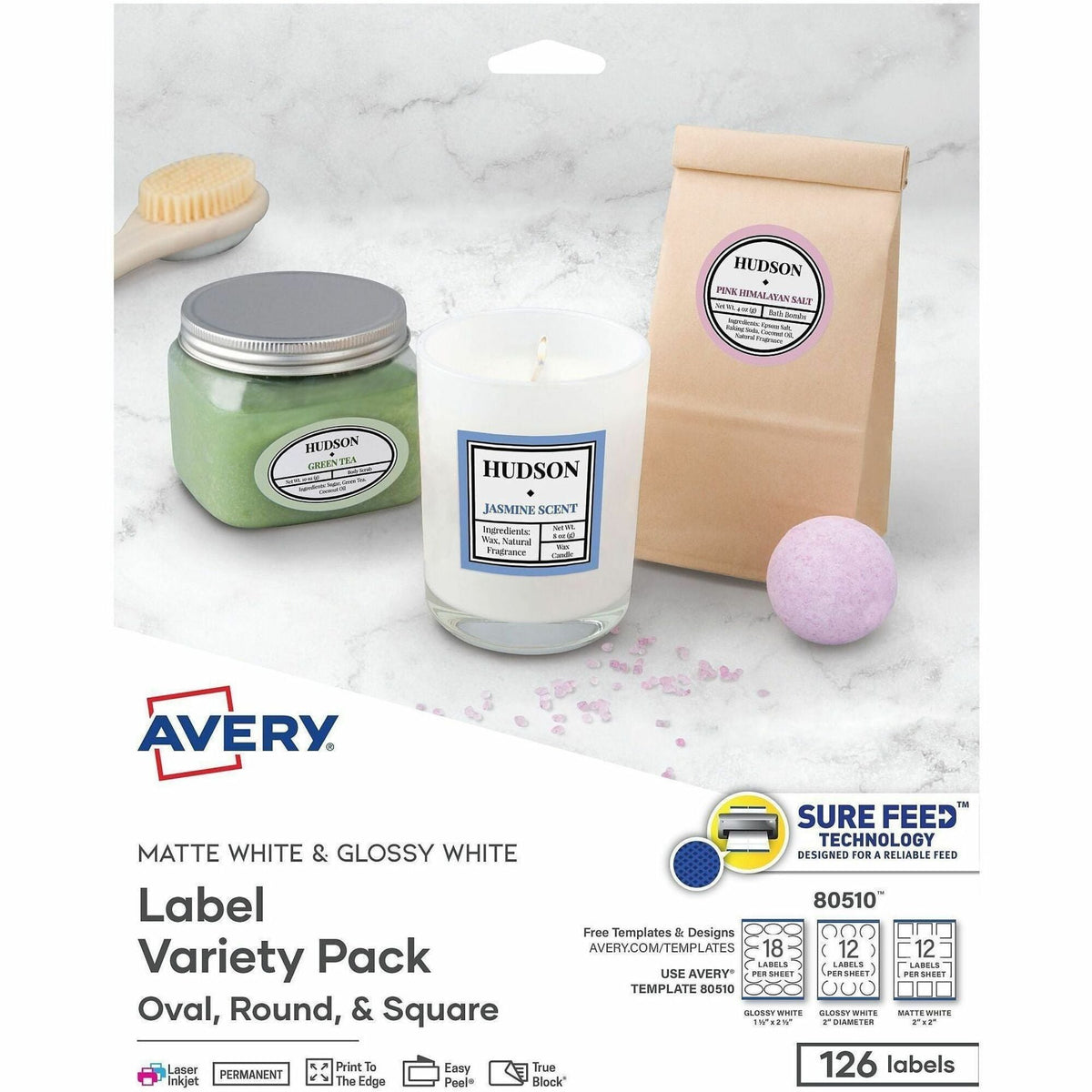 Avery&reg; Variety Pack Labels, Sure Feed, Assorted Shapes, 126 Labels (80510) - 2000