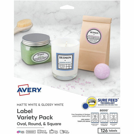 Avery&reg; Variety Pack Labels, Sure Feed, Assorted Shapes, 126 Labels (80510) - 2000