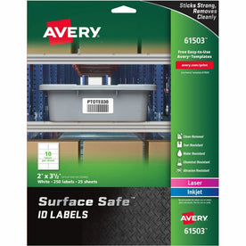 Avery® Surface Safe ID Labels - Water-Resistant Film - 250 Labels/Pack - Specialty & Warning