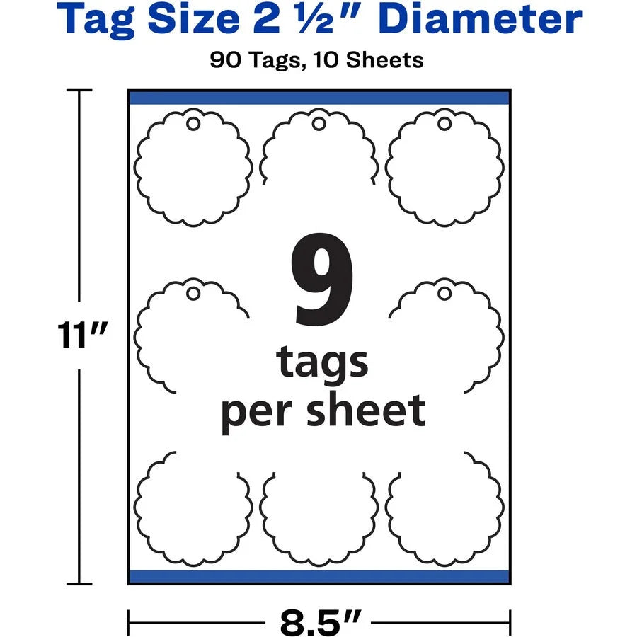 Avery® Textured Round Scallop Tags: White Card Stock Metal - 90/Pack - Multipurpose & ID Labels