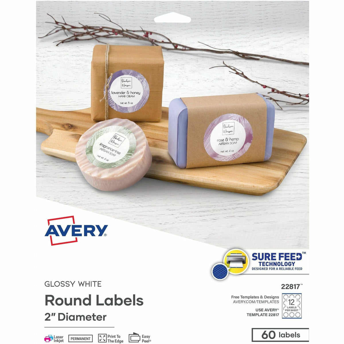 Avery&reg; Printable Round Labels , 2" , Glossy White, 60 Labels (22817) - 2000