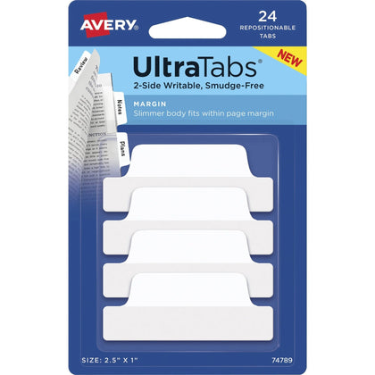 Avery® Ultra Tabs: Repositionable Margin Tabs - Clear Film White Paper - 24 Pack - Index Accessories & Page Markers