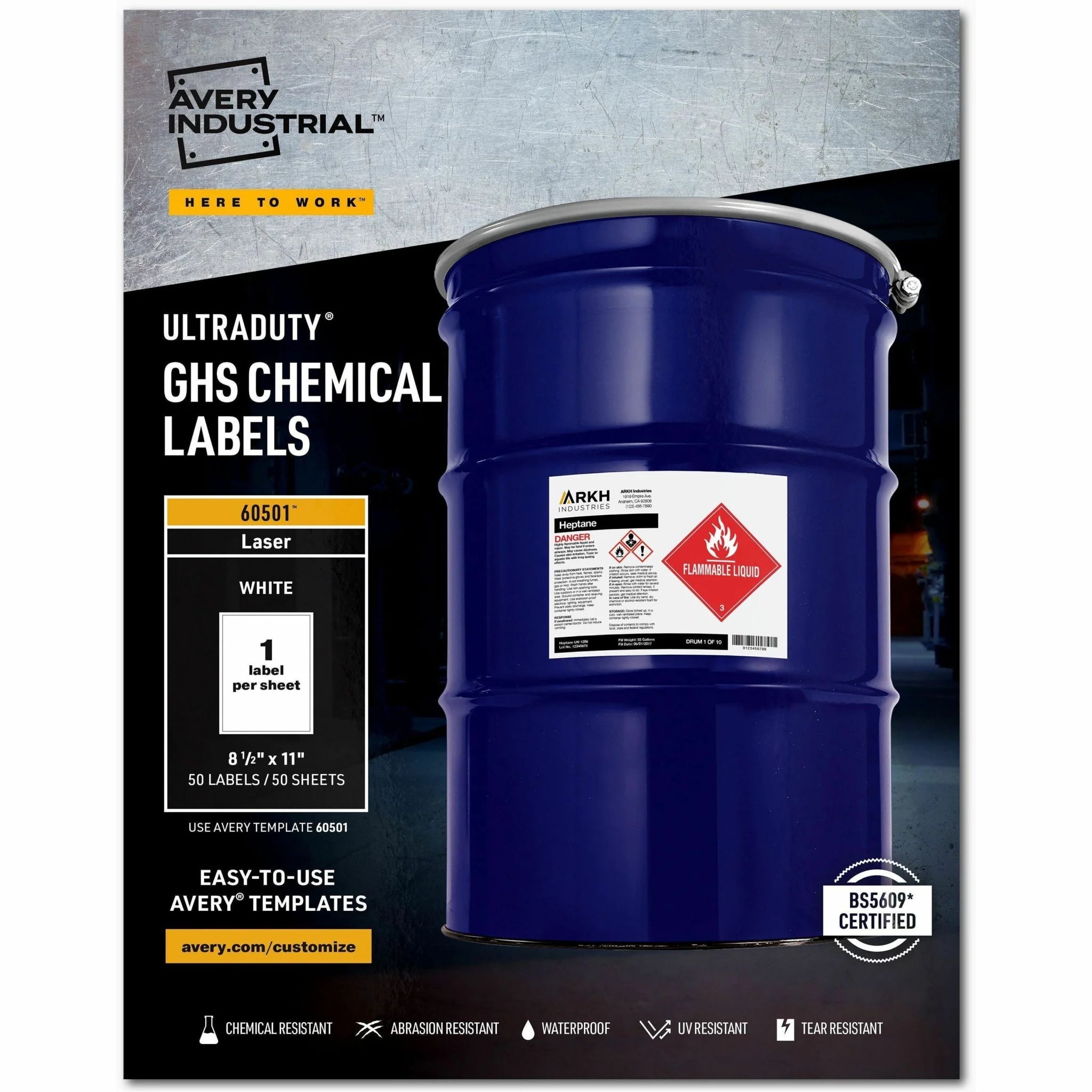 Avery® UltraDuty™ GHS Chemical Labels: Laser Printers 8.5’’ x 11’’ Water Resistant - 50 Sheets - Specialty & Warning