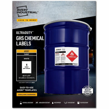 Avery® UltraDuty™ GHS Chemical Labels: Laser Printers 8.5’’ x 11’’ Water Resistant - 50 Sheets - Specialty & Warning