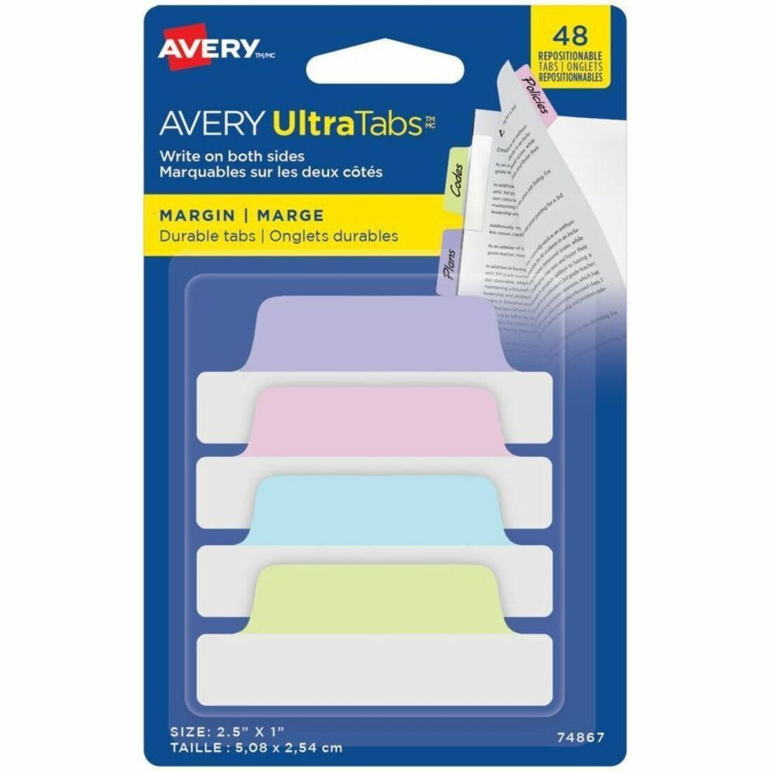 Avery® UltraTabs Repositionable Margin Tabs - 48 Tab(s) - 1’’ Tab Height x 2.50’’ Width - Index Accessories & Page