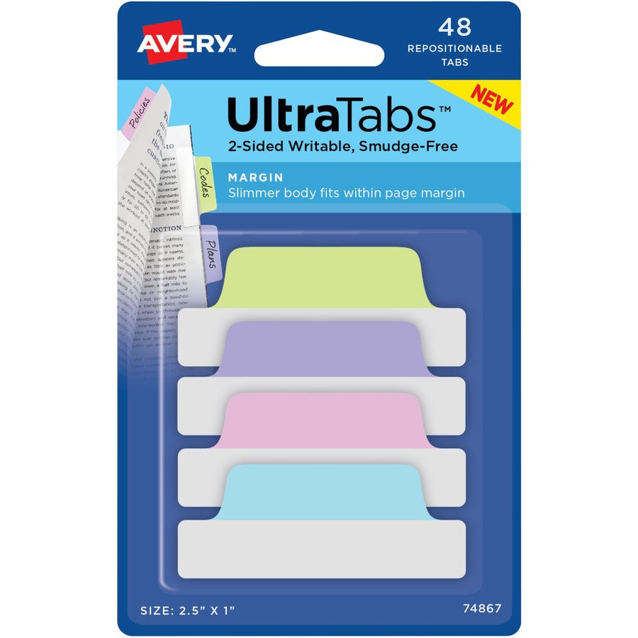 Avery® UltraTabs Repositionable Margin Tabs - 48 Tab(s) - 1’’ Tab Height x 2.50’’ Width - Index Accessories & Page