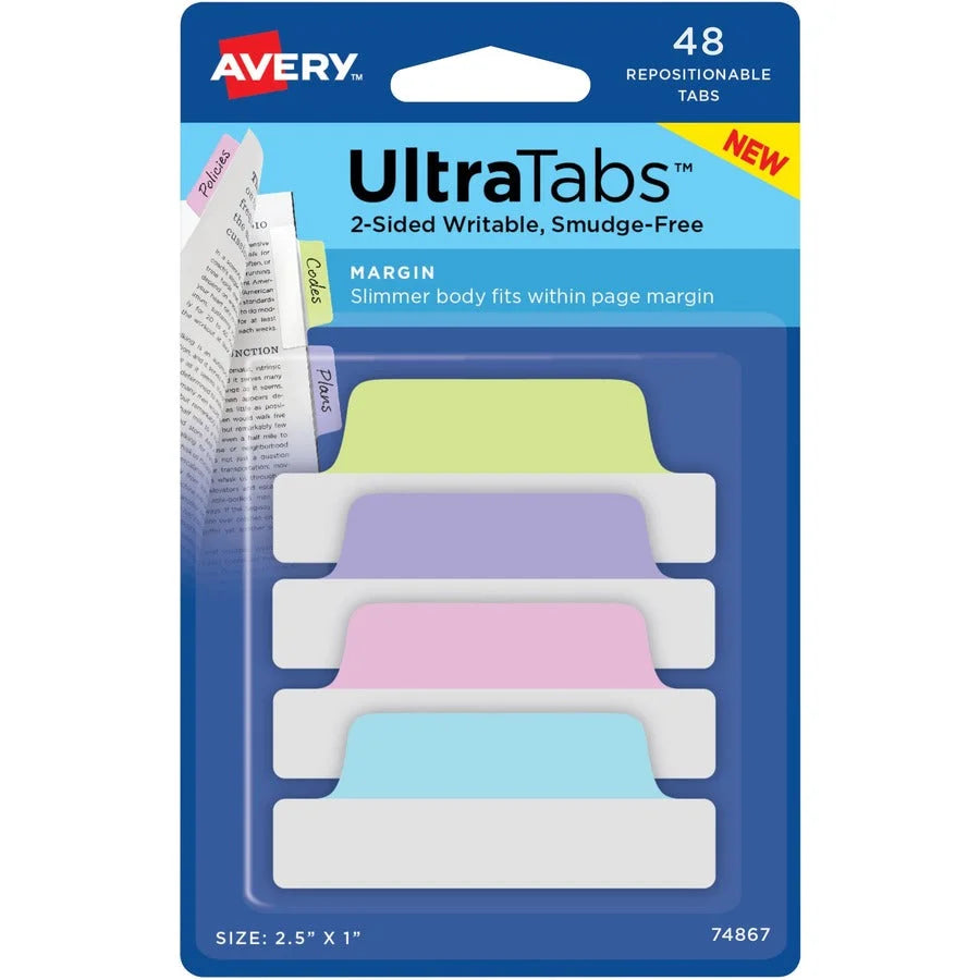 Avery® UltraTabs Repositionable Margin Tabs - Organize with Clear Film & Pastel Colors - Index Accessories Page Markers
