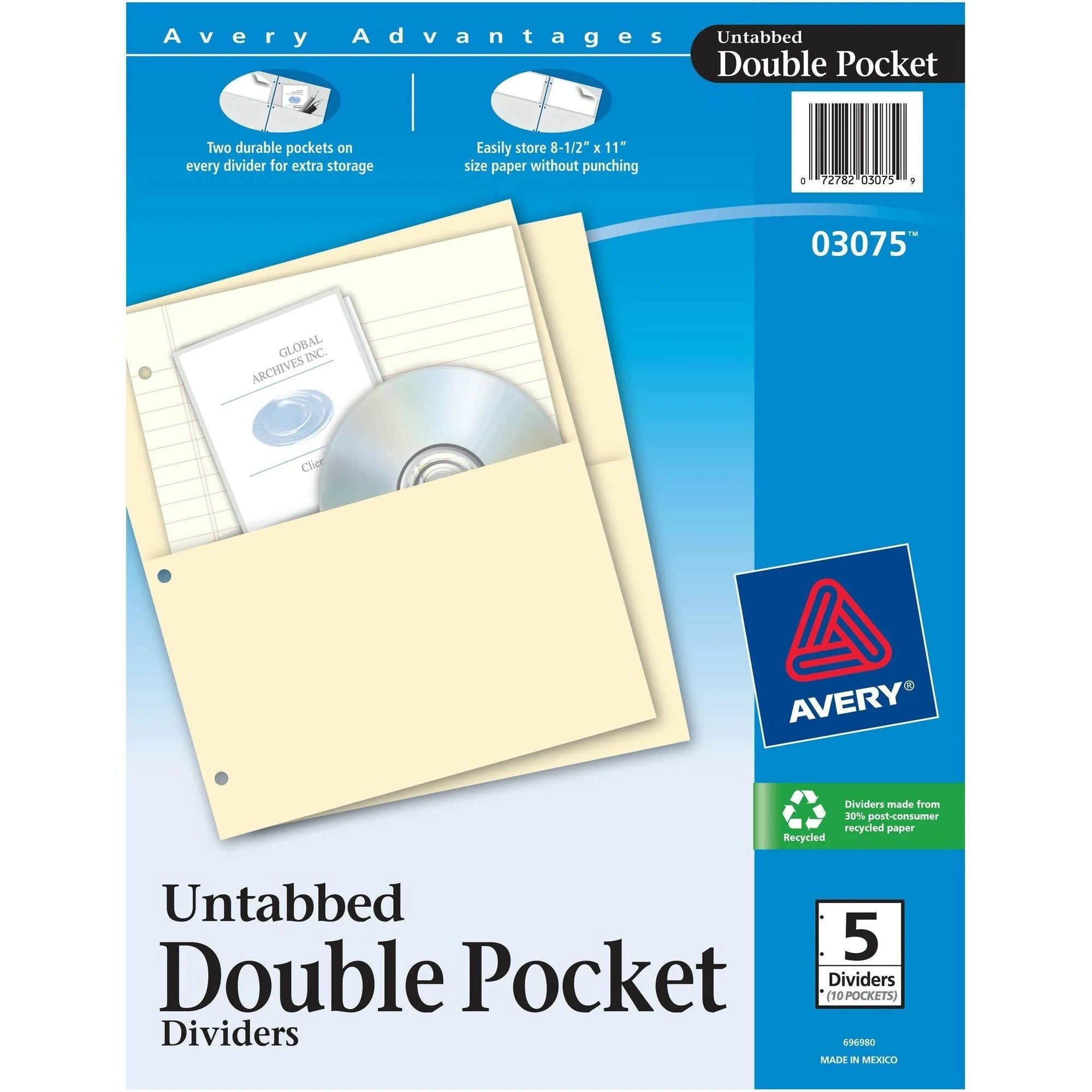 Avery® Untabbed Double Pocket Dividers: Letter Size Buff 5-Pack - Binder Pockets