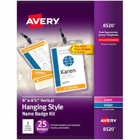 Avery® Vertical Name Badges Kit: Print Tickets 4-1/4’’ x 6’’ - White Black - ID & Supplies