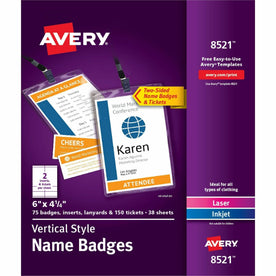 Avery® Vertical Name Badges Kit: PVC Plastic 4-1/4’’ x 6’’ - 75/Box - ID & Supplies