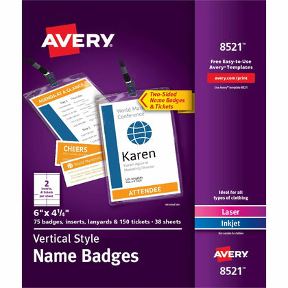 Avery® Vertical Name Badges Kit: PVC Plastic 4-1/4’’ x 6’’ - 75/Box - ID & Supplies