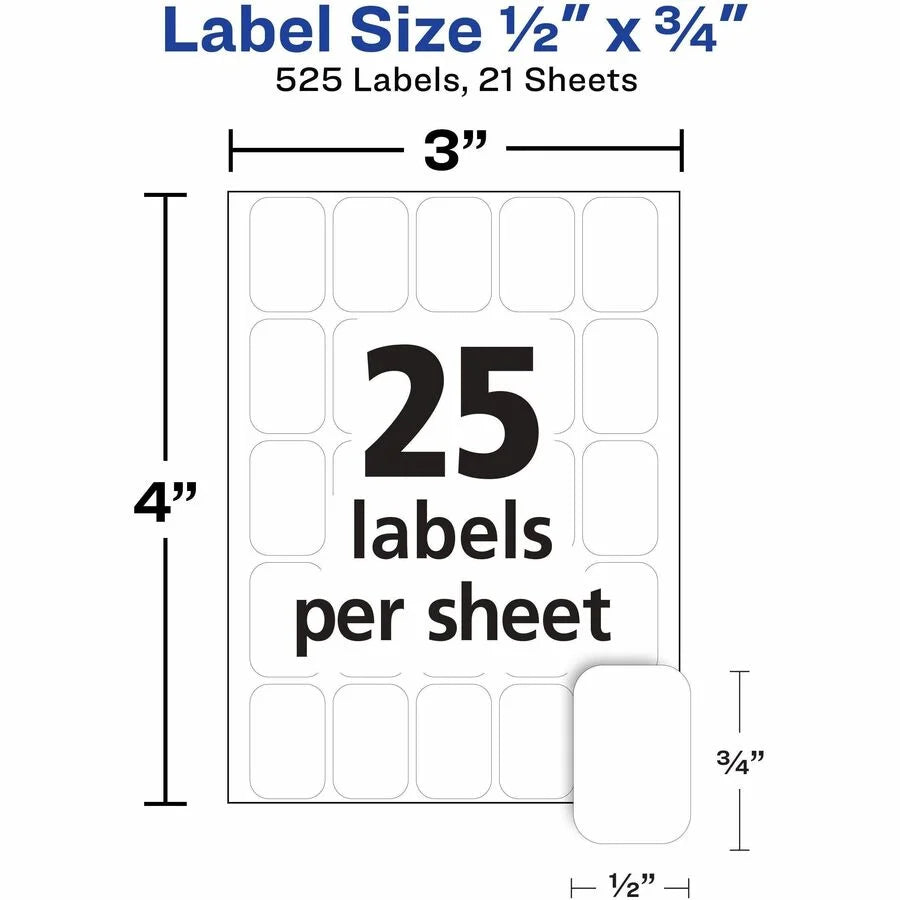 Avery® White Multi-Use Labels: 1/2’’ x 3/4’’ Removable Adhesive - 525 Labels/Pack - Multipurpose & ID Labels