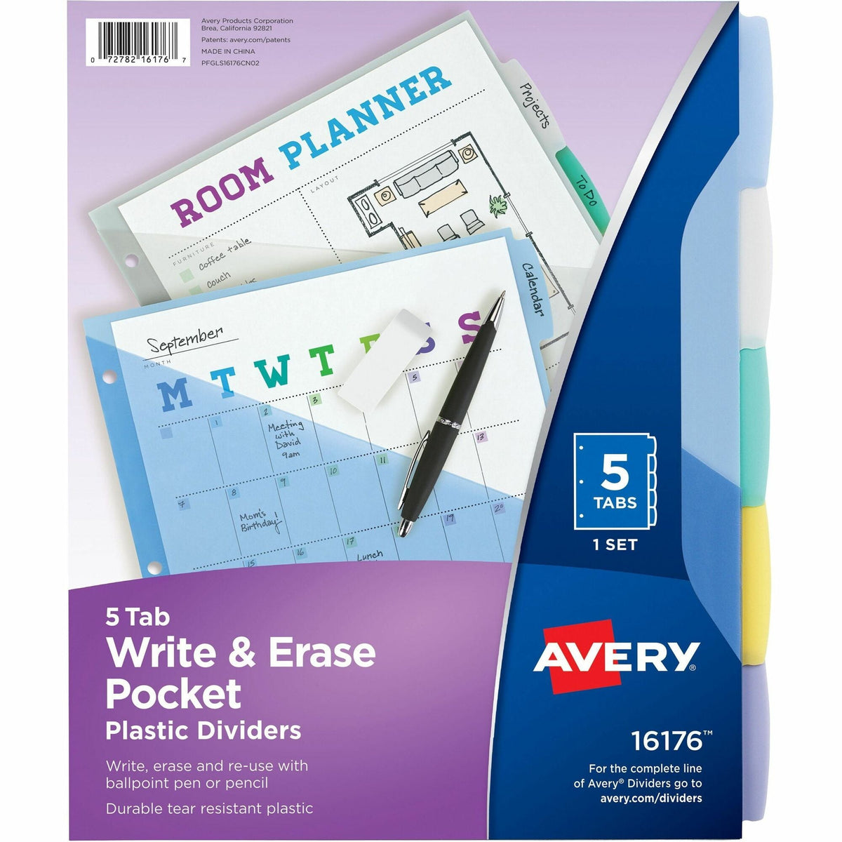 Avery® Write & Erase Durable Plastic Dividers w/Pockets, 5-tab, Multicolor - 2000