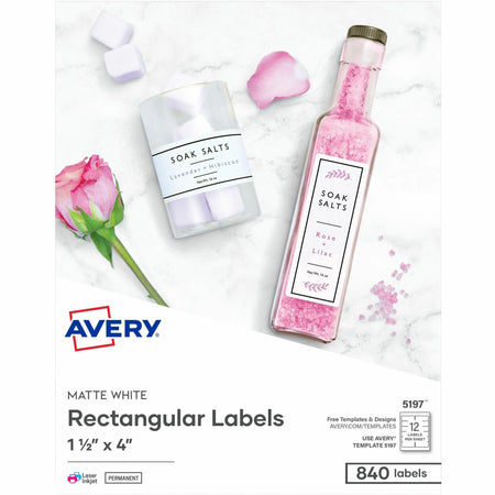 Avery Rectangle Labels: Permanent Adhesive Matte White - 840/Carton - Media Labels