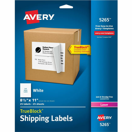 Avery Shipping Labels: TrueBlock 8.5’’ x 11’’ White Jam-free - 25 Pack - Address / Labels
