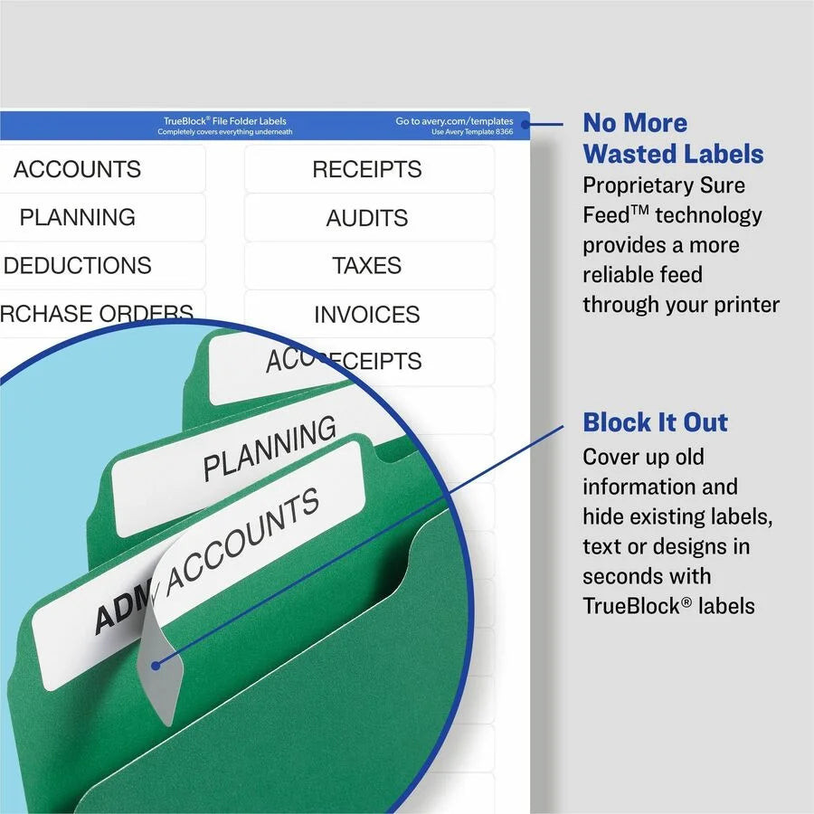 Avery TrueBlock File Folder Labels: White Paper Permanent Adhesive - 600 Labels - Filing