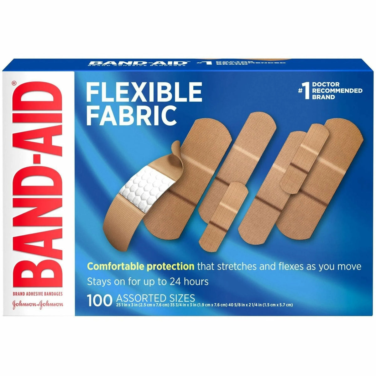 Band-Aid Flexible Fabric Bandages: Assorted Sizes Beige 100/Box - Bandages & Wraps