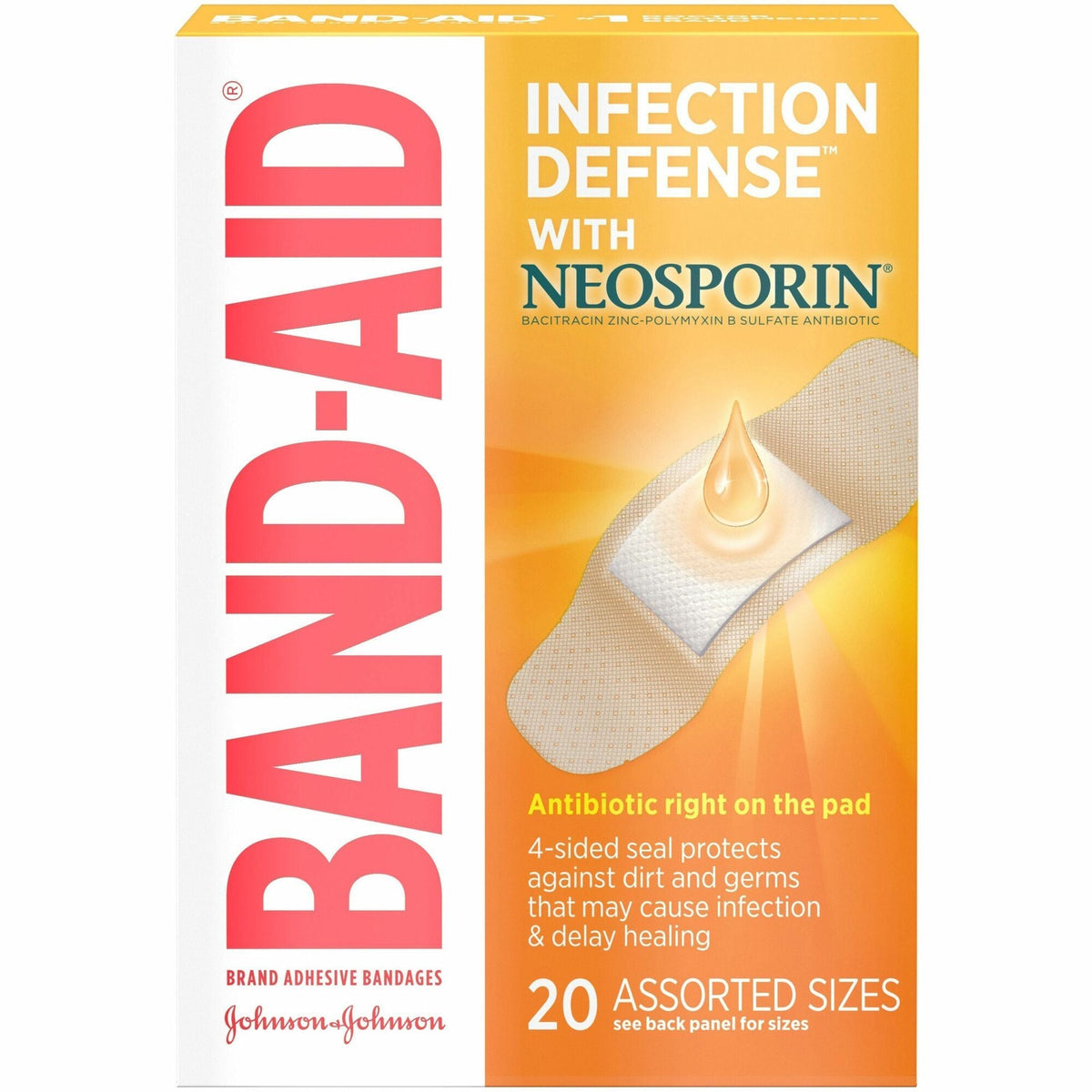 Band-Aid Infection Defense Bandages with Neosporin - Assorted Sizes - Beige - 20/Box - & Wraps