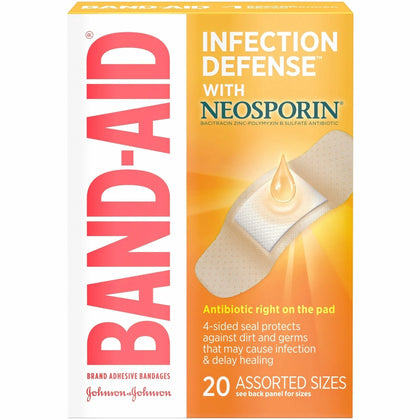 Band-Aid Infection Defense Bandages with Neosporin - Assorted Sizes - Beige - 20/Box - & Wraps