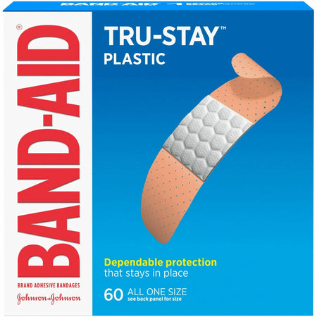 Band-Aid Tru-Stay Plastic Strips: Tan Adhesive Bandages - 0.75’’ Width - 60/Box - & Wraps