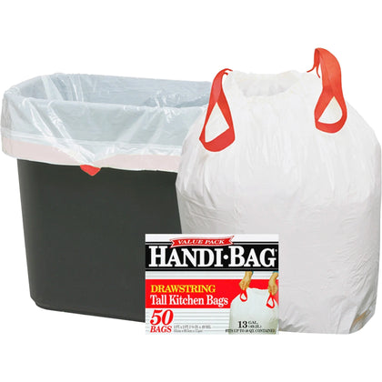Berry Handi-Bag Drawstring Kitchen Bags - Small 13 gal - 27’’x24’’ - 0.69 mil - White - 50/Box (6 per Carton) - Trash &