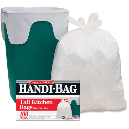 Berry Handi-Bag Flap Tie Tall Kitchen Bags - 13 gal Capacity - White - 100/Box - Trash & Liners