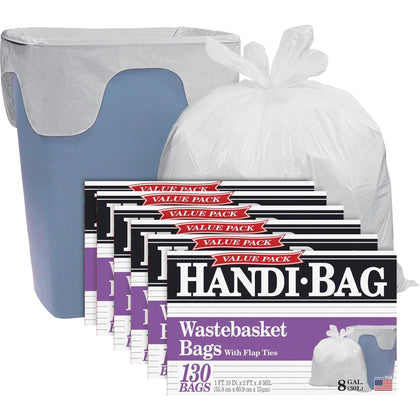 Berry Handi-Bag Small Wastebasket Bags - 8 gal Capacity - White - 130/Box - Trash & Liners