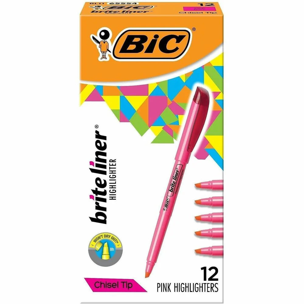 BIC Brite Liner Highlighters: Fluorescent Pink Ink Chisel Marker Point - Highlighters