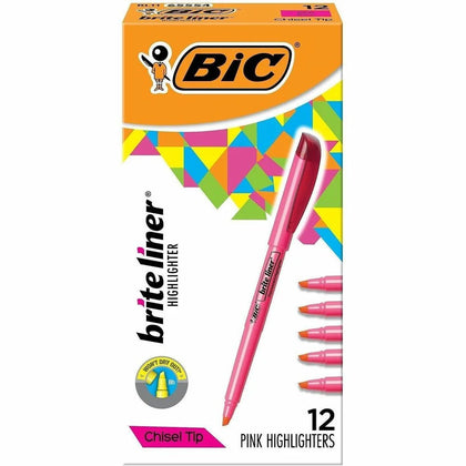 BIC Brite Liner Highlighters: Fluorescent Pink Ink Chisel Marker Point - Highlighters
