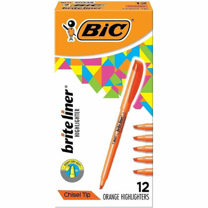 BIC Brite Liner Highlighters: Orange Chisel Marker - Water Based - 1 Dozen - Highlighters