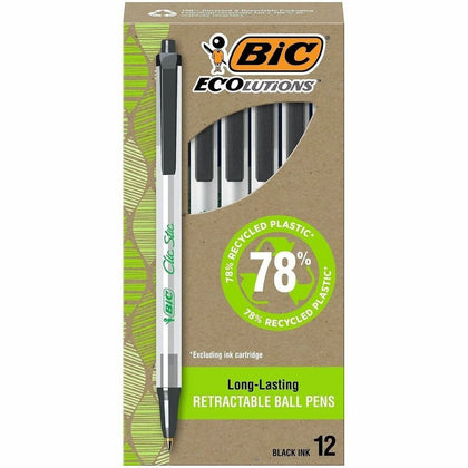BIC Clic Stic Retractable Ball Pens: Medium Point Black Ink - 1 Dozen - Pens