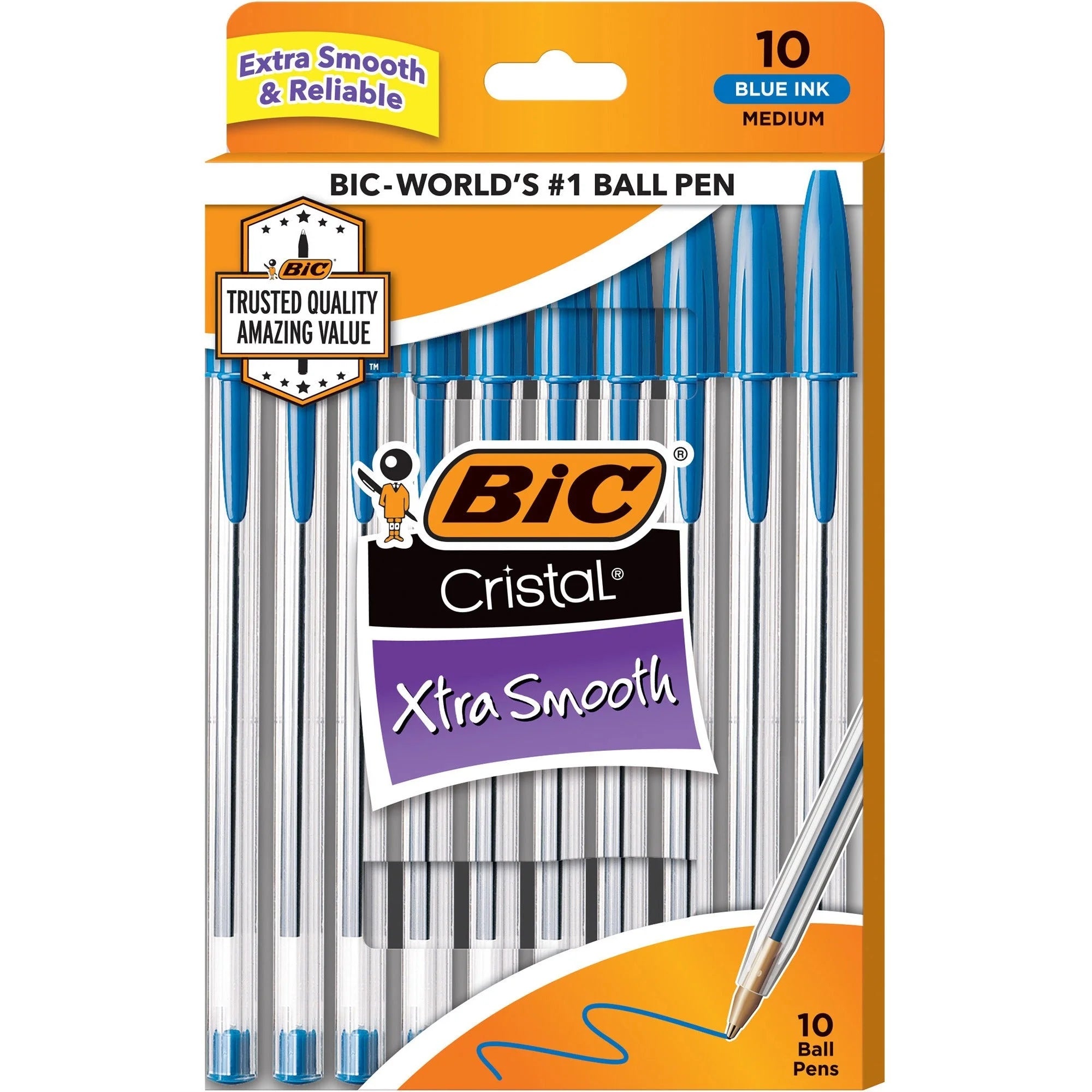 BIC Cristal Ballpoint Pens: Medium Point Blue Ink Clear Barrel - 10 Pack - Pens