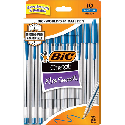 BIC Cristal Ballpoint Pens: Medium Point Blue Ink Clear Barrel - 10 Pack - Pens